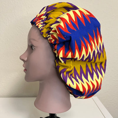 Haar Bonnets mit afrikanischen Stoffdesigns & Satinfutter